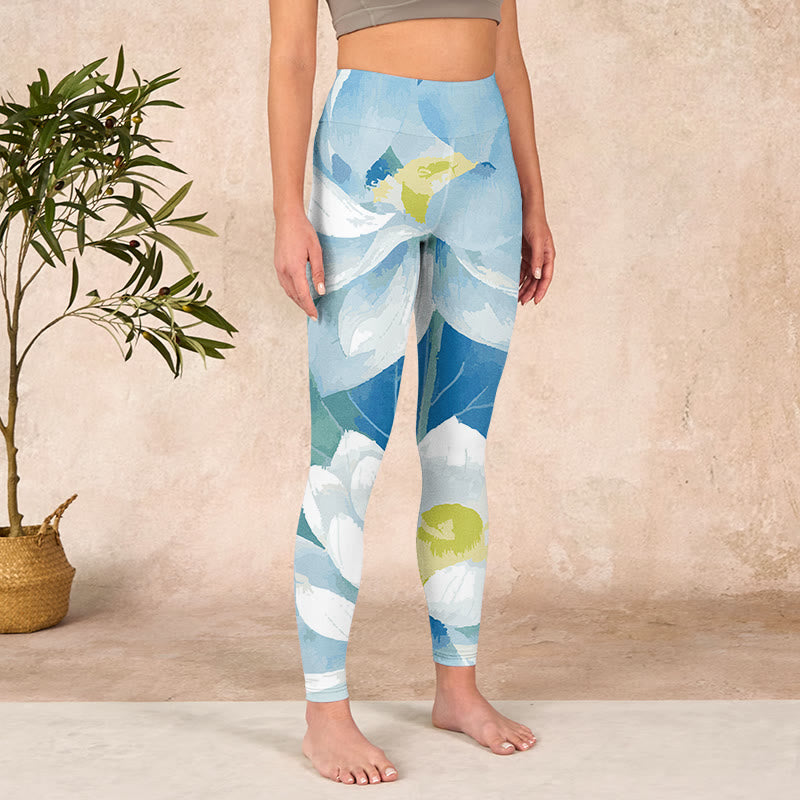 Buddha Stones Blue White Lotus Print Gym Leggings Women's Yoga Pants - image 3