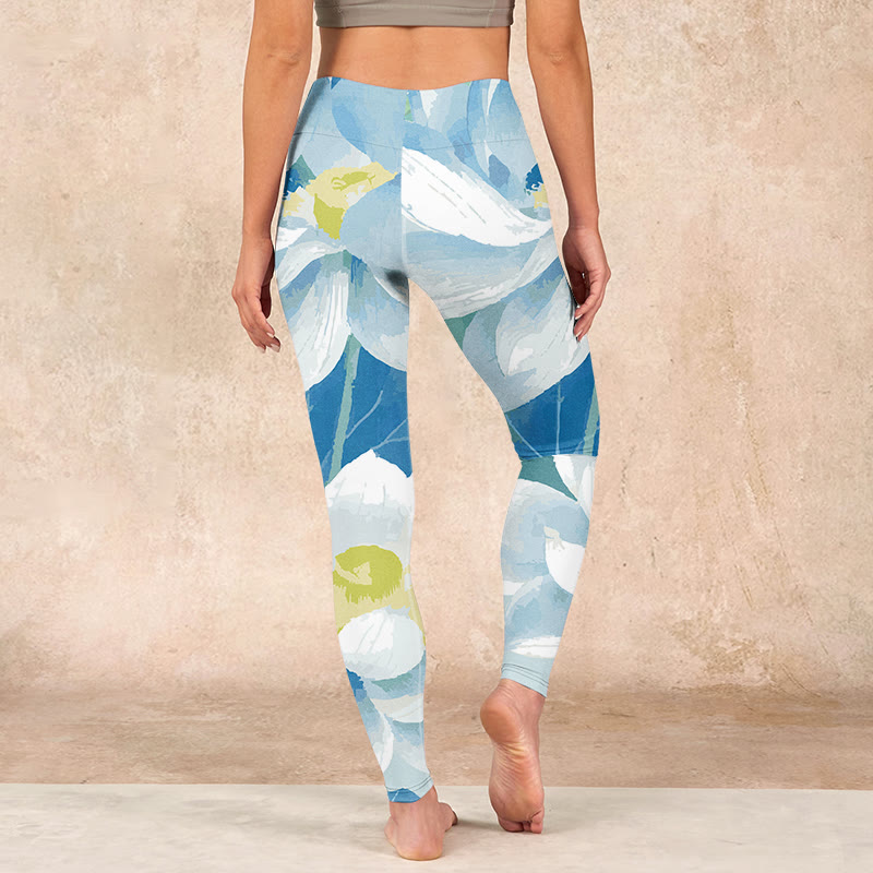 Buddha Stones Blue White Lotus Print Gym Leggings Women's Yoga Pants - image 14