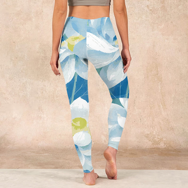 Buddha Stones Blue White Lotus Print Gym Leggings Women's Yoga Pants - image 14