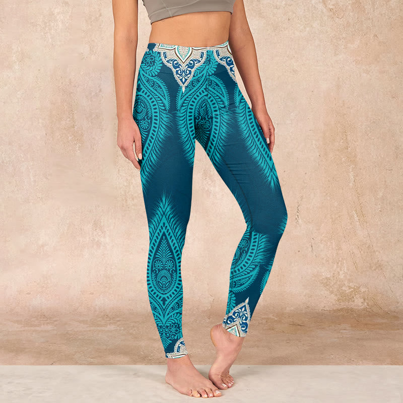 Buddha Stones Green Feather Flower Print Gym Fitness Leggings Women's Yoga Pants - CadetBlue - US18，UK/AU22，EU50 (4XL) - image 0