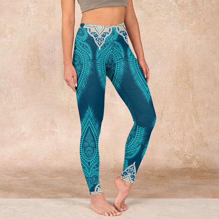 Buddha Stones Green Feather Flower Print Gym Fitness Leggings Women's Yoga Pants - CadetBlue - US18，UK/AU22，EU50 (4XL) - image 0