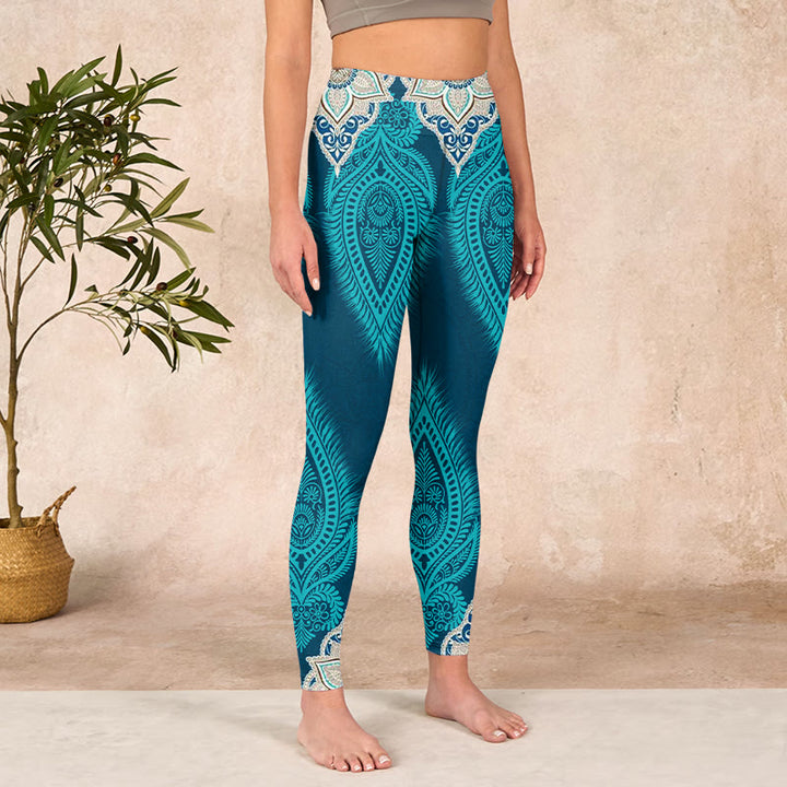Buddha Stones Green Feather Flower Print Gym Fitness Leggings Women's Yoga Pants - image 3
