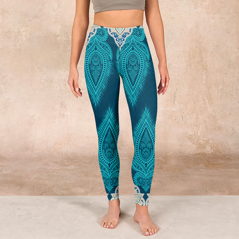 Buddha Stones Green Feather Flower Print Gym Fitness Leggings Women's Yoga Pants - image 1