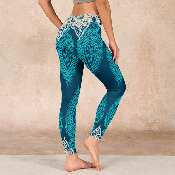Buddha Stones Green Feather Flower Print Gym Fitness Leggings Women's Yoga Pants - image 2