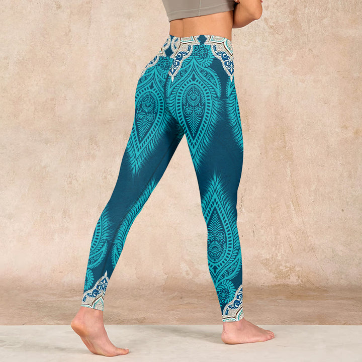 Buddha Stones Green Feather Flower Print Gym Fitness Leggings Women's Yoga Pants - image 4