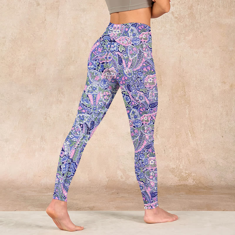 Buddha Stones Purple Pink Cashew Flower Print Gym Fitness Leggings Women's Yoga Pants - image 4