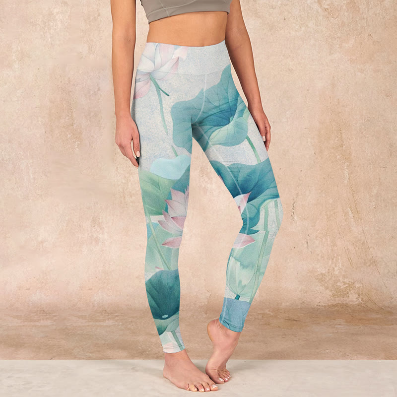 Buddha Stones Blooming  White Pink Lotus Leaves Print Gym Leggings Women's Yoga Pants - White - US18，UK/AU22，EU50 (4XL) - image 0