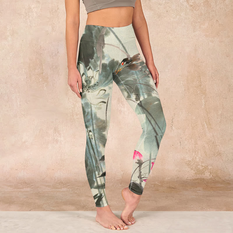 Buddha Stones Lotus Bamboo Leaves Print Gym Leggings Women's Yoga Pants - Beige - US18，UK/AU22，EU50 (4XL) - image 0