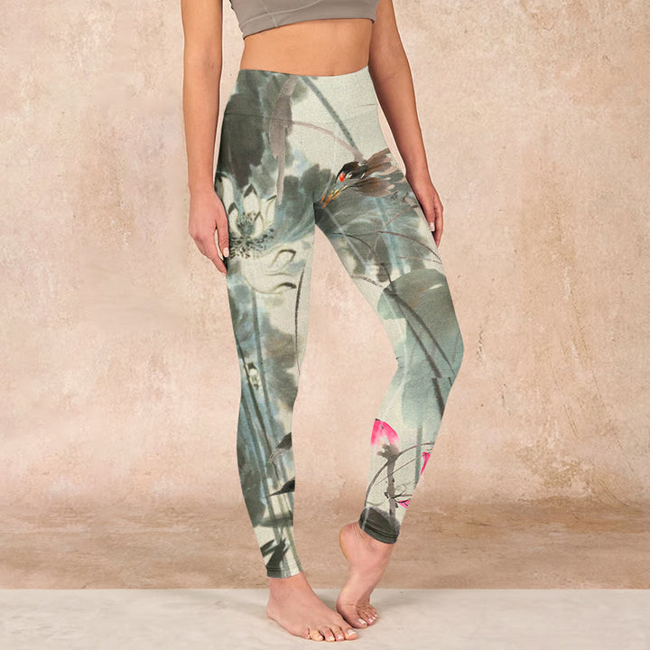 Buddha Stones Lotus Bamboo Leaves Print Gym Leggings Women's Yoga Pants - Beige - US18，UK/AU22，EU50 (4XL) - image 0