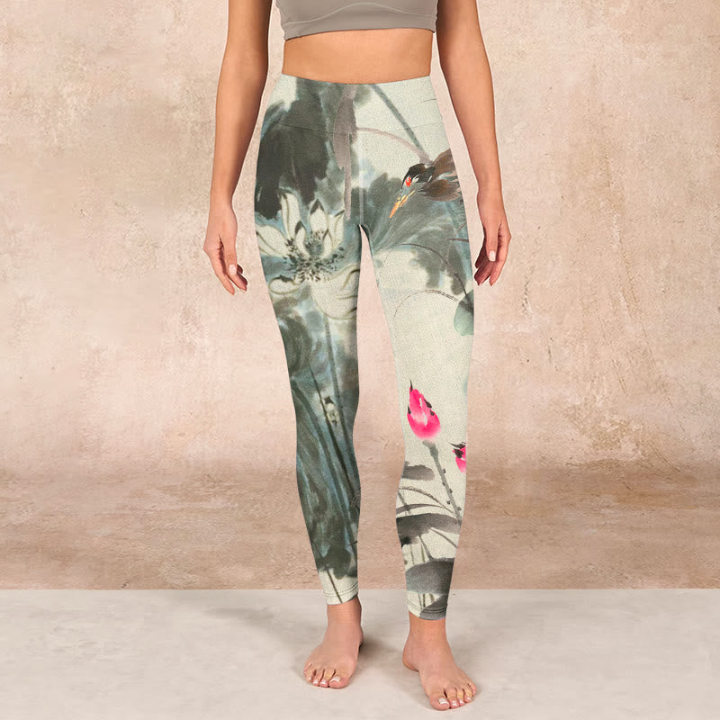 Buddha Stones Lotus Bamboo Leaves Print Gym Leggings Women's Yoga Pants - image 1