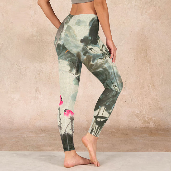 Buddha Stones Lotus Bamboo Leaves Print Gym Leggings Women's Yoga Pants - image 2