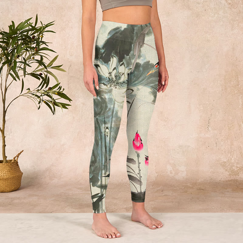Buddha Stones Lotus Bamboo Leaves Print Gym Leggings Women's Yoga Pants - image 3