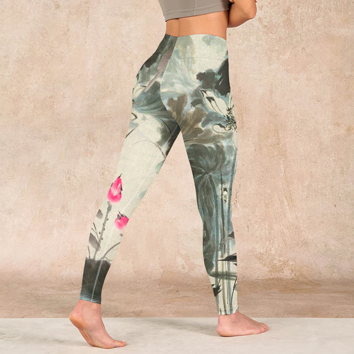 Buddha Stones Lotus Bamboo Leaves Print Gym Leggings Women's Yoga Pants - image 4