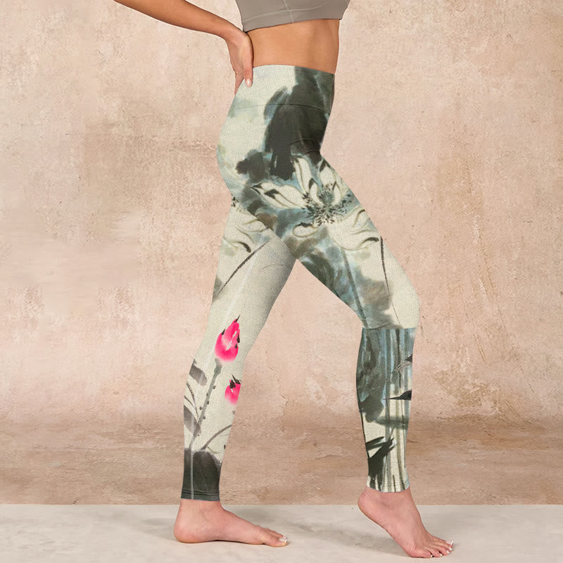 Buddha Stones Lotus Bamboo Leaves Print Gym Leggings Women's Yoga Pants - image 14