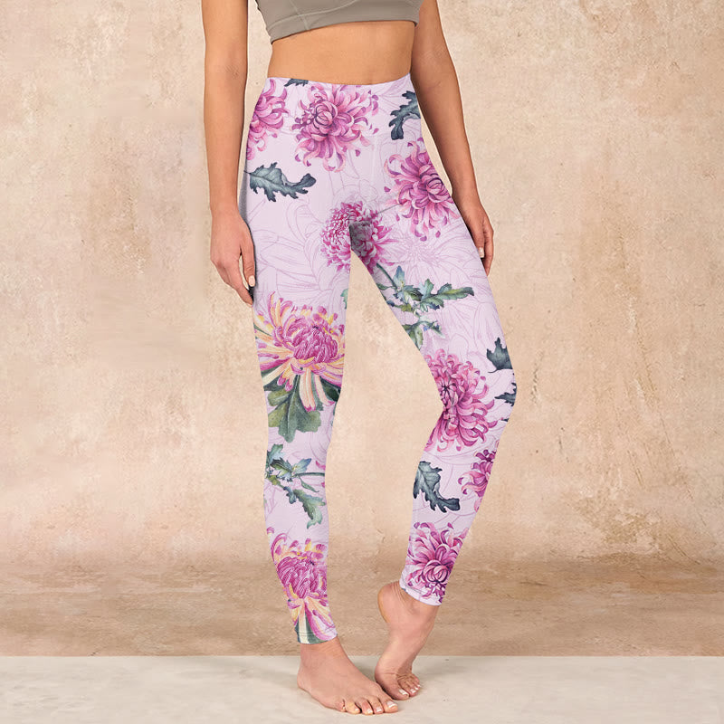 Buddha Stones Pink Chrysanthemum  Gym Leggings Women's Yoga Pants - Plum - US18，UK/AU22，EU50 (4XL) - image 0
