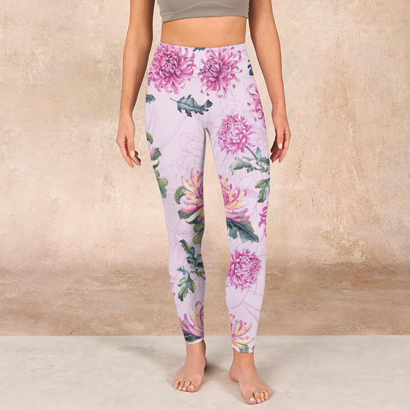 Buddha Stones Pink Chrysanthemum  Gym Leggings Women's Yoga Pants - image 1