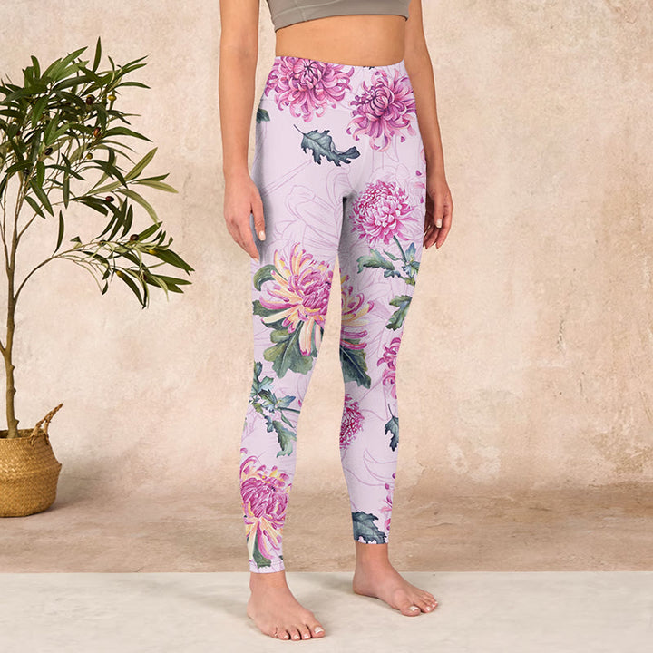 Buddha Stones Pink Chrysanthemum  Gym Leggings Women's Yoga Pants - image 3