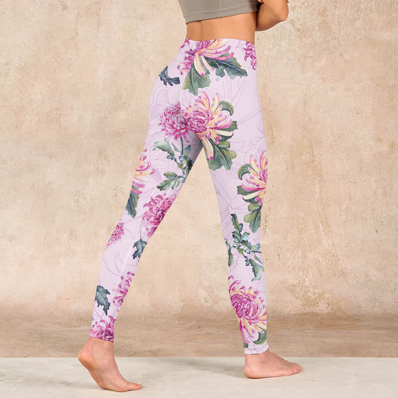 Buddha Stones Pink Chrysanthemum  Gym Leggings Women's Yoga Pants - image 4