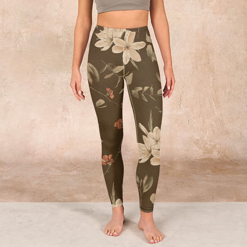 Buddha Stones Purple White Flowers Leaves Blossom Print Gym Fitness Leggings Women's Yoga Pants - image 18