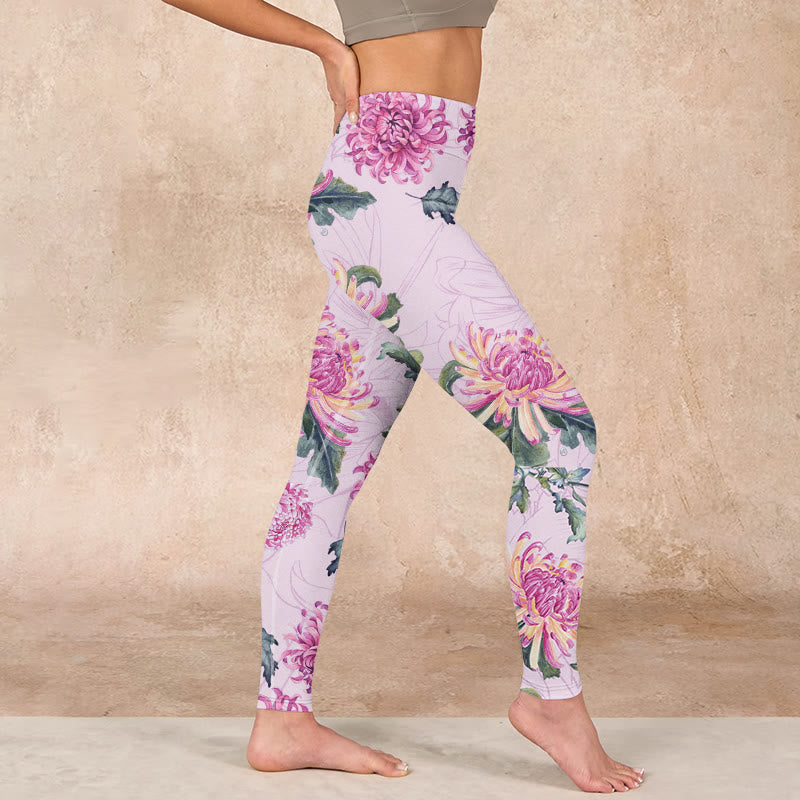 Buddha Stones Pink Chrysanthemum  Gym Leggings Women's Yoga Pants - image 14