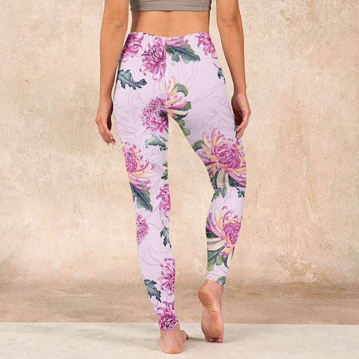 Buddha Stones Pink Chrysanthemum  Gym Leggings Women's Yoga Pants - image 16