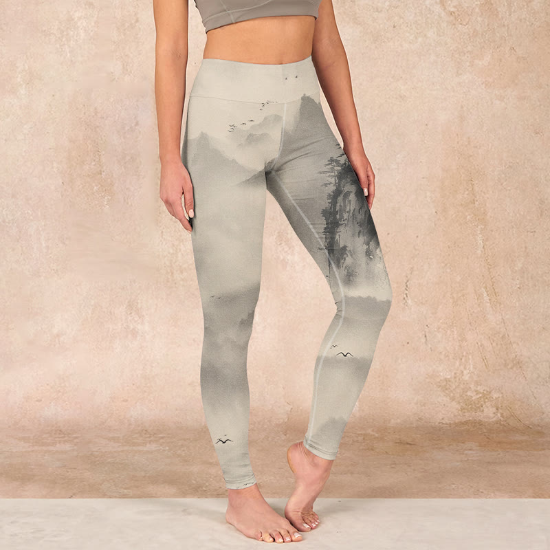 Buddha Stones Mountains Shrouded In Mist Wild Goose Gym Leggings Women's Yoga Pants - PaleGoldenrod - US18，UK/AU22，EU50 (4XL) - image 0