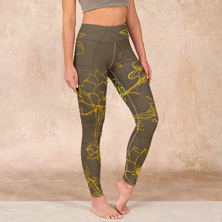 Buddha Stones Yellowish Brown Lotus Flower Lotus Leaf Print Gym Leggings Women's Yoga Pants - DarkGoldenrod - US18，UK/AU22，EU50 (4XL) - image 0