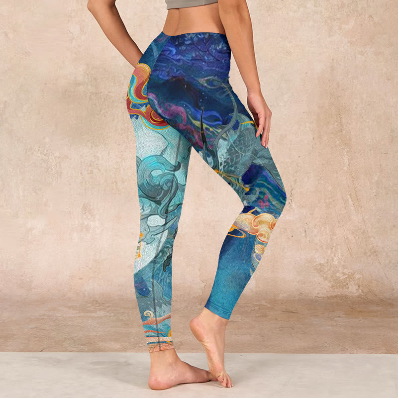 Buddha Stones Blue Dragon Auspicious Clouds Print Gym Leggings Women's Yoga Pants - image 2