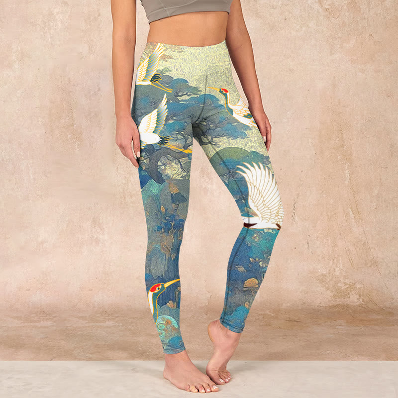 Buddha Stones Blue Red-crowned Crane Pine Tree Print Gym Leggings Women's Yoga Pants - LightBlue - US18，UK/AU22，EU50 (4XL) - image 0