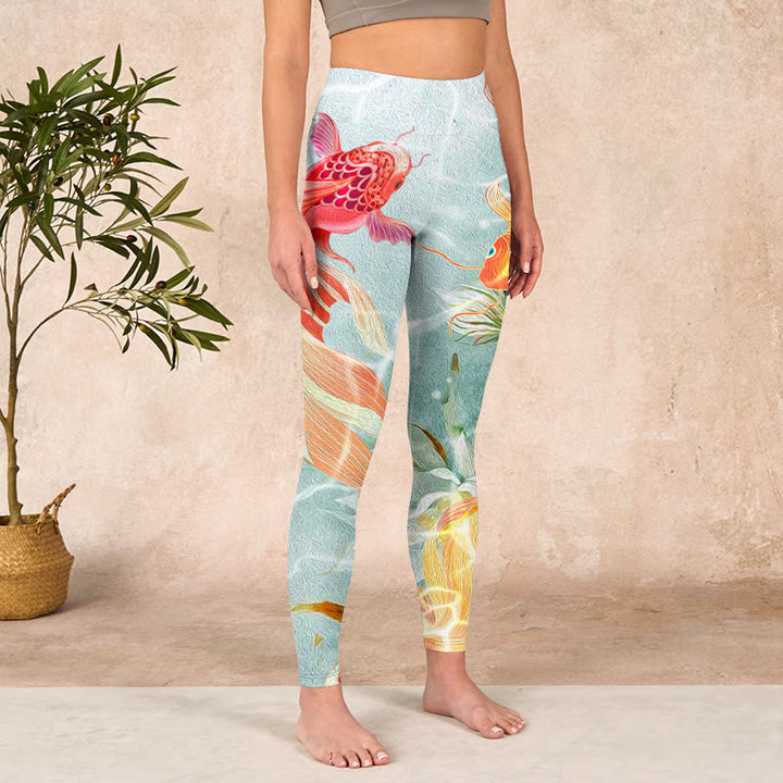 Buddha Stones Green Koi Fish White Lotus Water Ripples Print Gym Leggings Women's Yoga Pants - image 3
