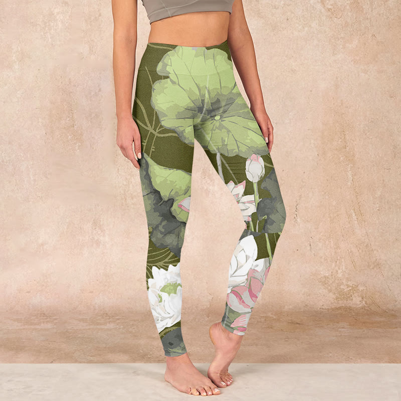 Buddha Stones Lotus Print Gym Leggings Women's Yoga Pants - OliveDrab - US18，UK/AU22，EU50 (4XL) - image 0