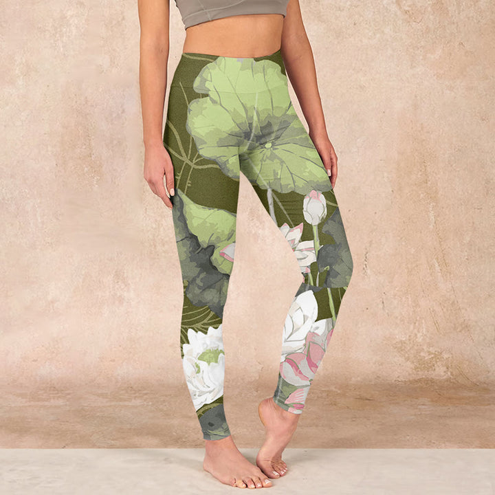 Buddha Stones Lotus Print Gym Leggings Women's Yoga Pants - OliveDrab - US18，UK/AU22，EU50 (4XL) - image 0
