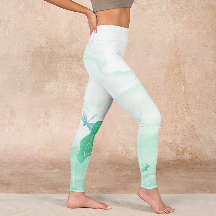 Buddha Stones Mint Green Lotus Leaf Dragonfly Print Exercise Leggings Women's Yoga Pants - image 16