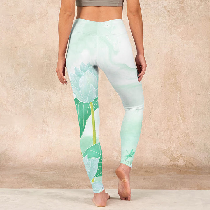 Buddha Stones Mint Green Lotus Leaf Dragonfly Print Exercise Leggings Women's Yoga Pants - image 14