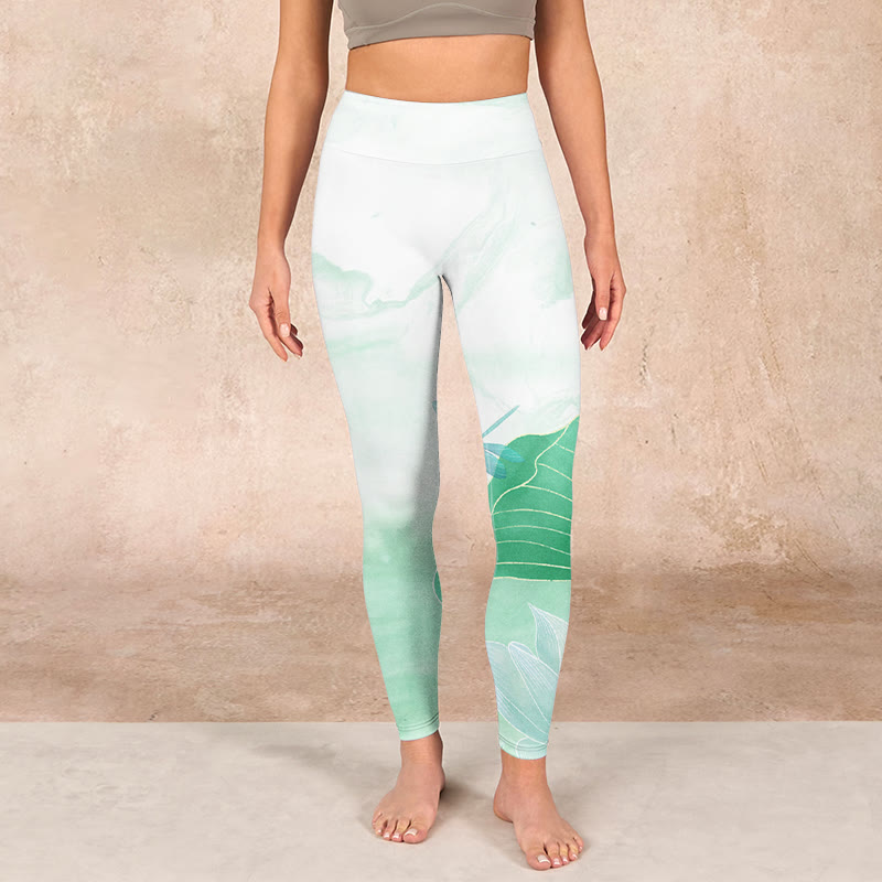 Buddha Stones Mint Green Lotus Leaf Dragonfly Print Exercise Leggings Women's Yoga Pants - image 1
