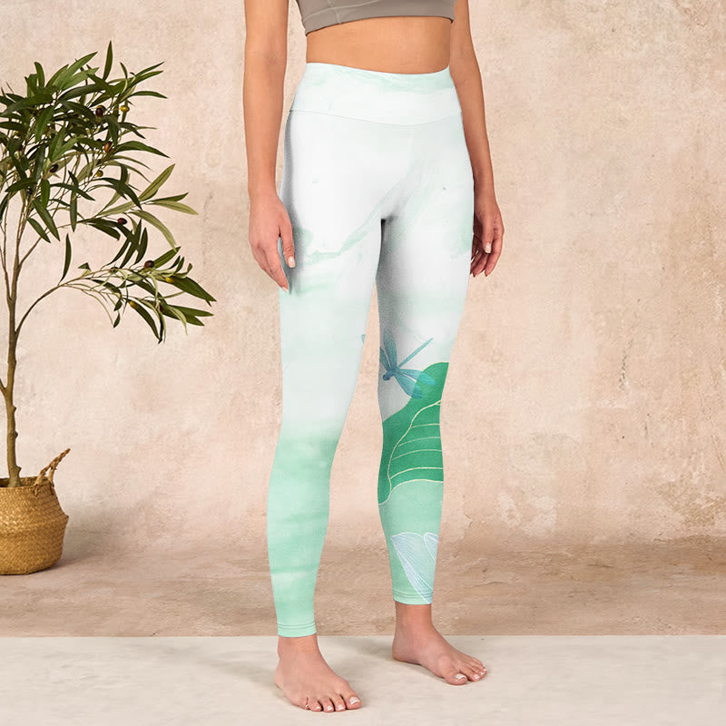 Buddha Stones Mint Green Lotus Leaf Dragonfly Print Exercise Leggings Women's Yoga Pants - image 3