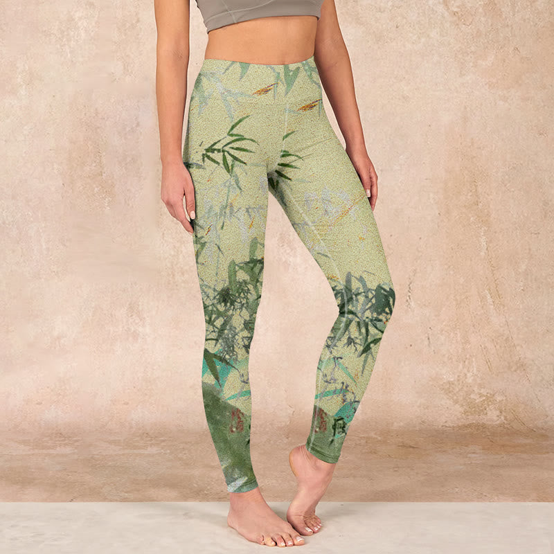 Buddha Stones Bamboo Print Lycra Fabric Fitness Leggings Women's Yoga Pants - PaleGoldenrod - US18，UK/AU22，EU50 (4XL) - image 0