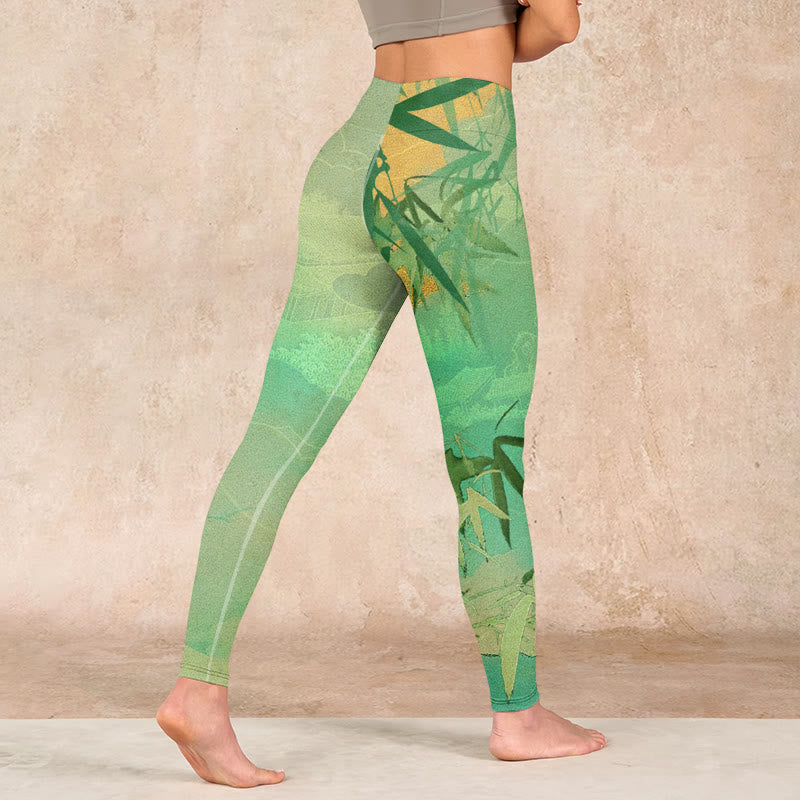 Buddha Stones Green Bamboo Pavilion Print Gym Leggings Women's Yoga Pants - image 4