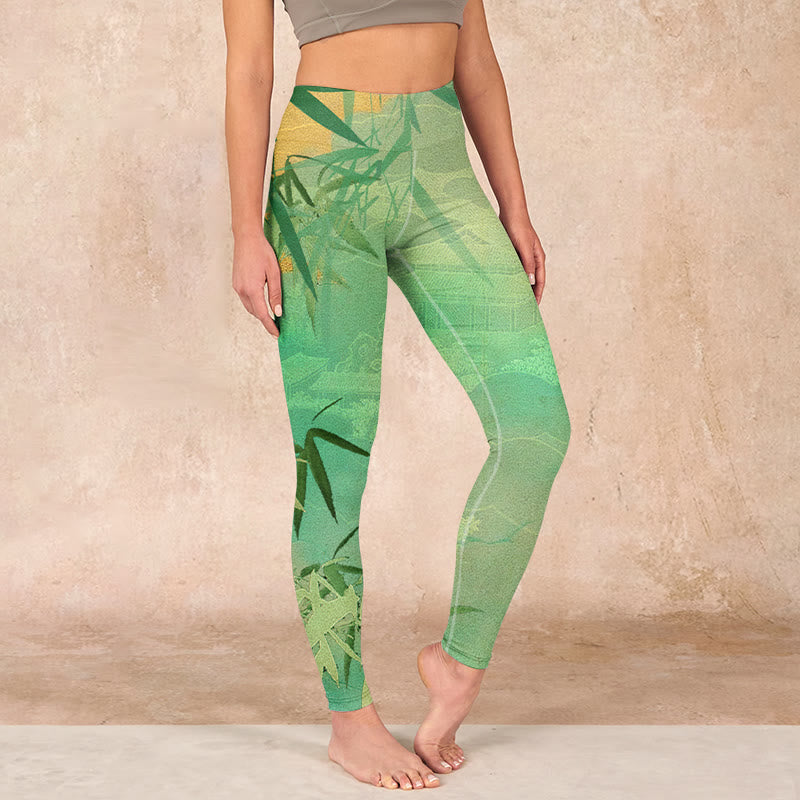 Buddha Stones Green Bamboo Pavilion Print Gym Leggings Women's Yoga Pants - PaleGreen - US18，UK/AU22，EU50 (4XL) - image 0