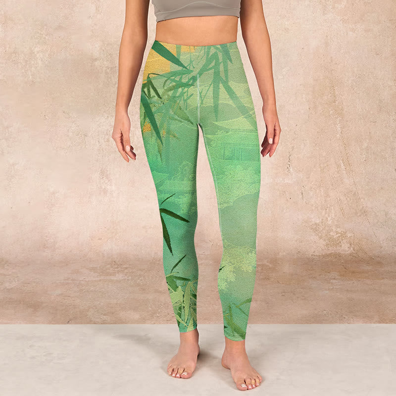Buddha Stones Green Bamboo Pavilion Print Gym Leggings Women's Yoga Pants - image 1