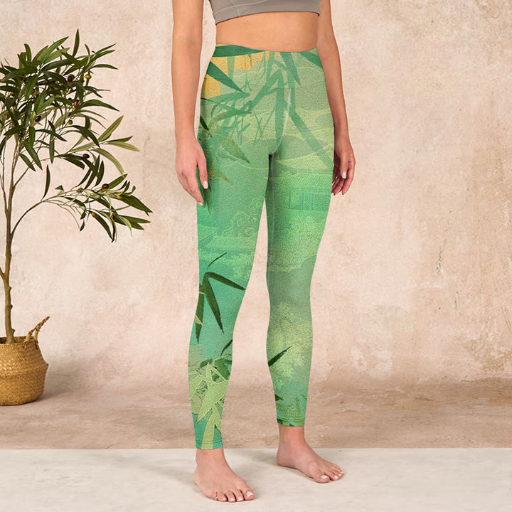 Buddha Stones Green Bamboo Pavilion Print Gym Leggings Women's Yoga Pants - image 3