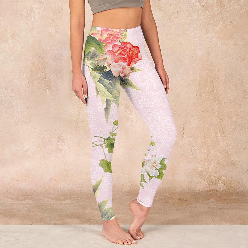 Buddha Stones Hibiscus Flowers And Leaves Print Gym Leggings Women's Yoga Pants - Pink - US18，UK/AU22，EU50 (4XL) - image 0