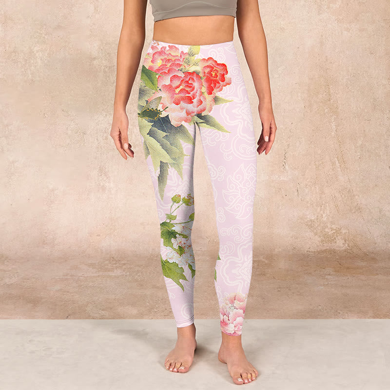 Buddha Stones Hibiscus Flowers And Leaves Print Gym Leggings Women's Yoga Pants - image 1