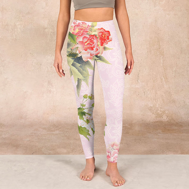 Buddha Stones Hibiscus Flowers And Leaves Print Gym Leggings Women's Yoga Pants - image 1