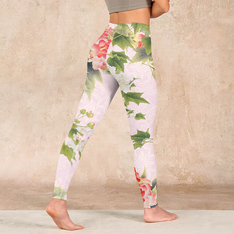 Buddha Stones Hibiscus Flowers And Leaves Print Gym Leggings Women's Yoga Pants - image 4