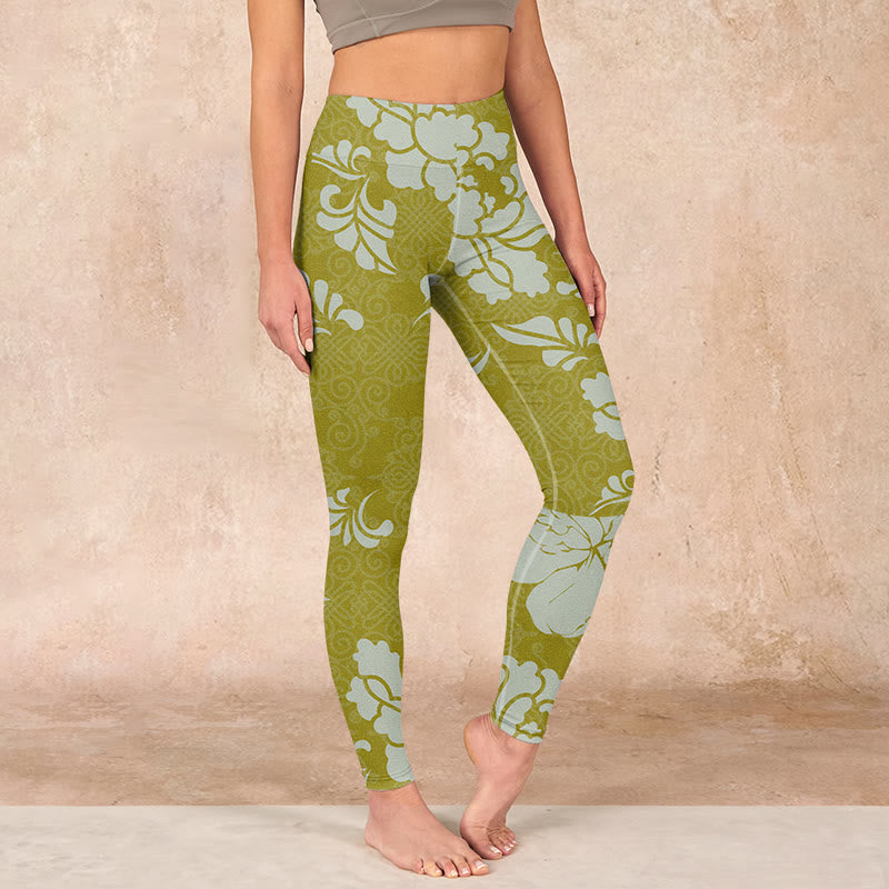 Buddha Stones Monochrome Flowers Print Gym Leggings Women's Yoga Pants - YellowGreen - US18，UK/AU22，EU50 (4XL) - image 0