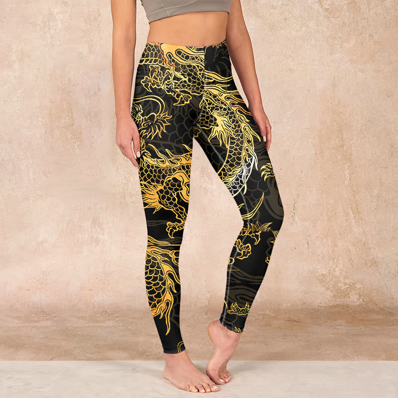 Buddha Stones Golden Dragon Print Gym Leggings Women's Yoga Pants - Black - US18，UK/AU22，EU50 (4XL) - image 0
