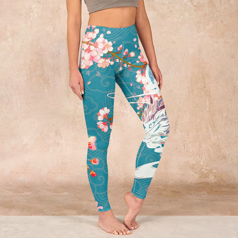 Buddha Stones Dragon Cherry Blossoms Print Gym Leggings Women's Yoga Pants - CadetBlue - US18，UK/AU22，EU50 (4XL) - image 0