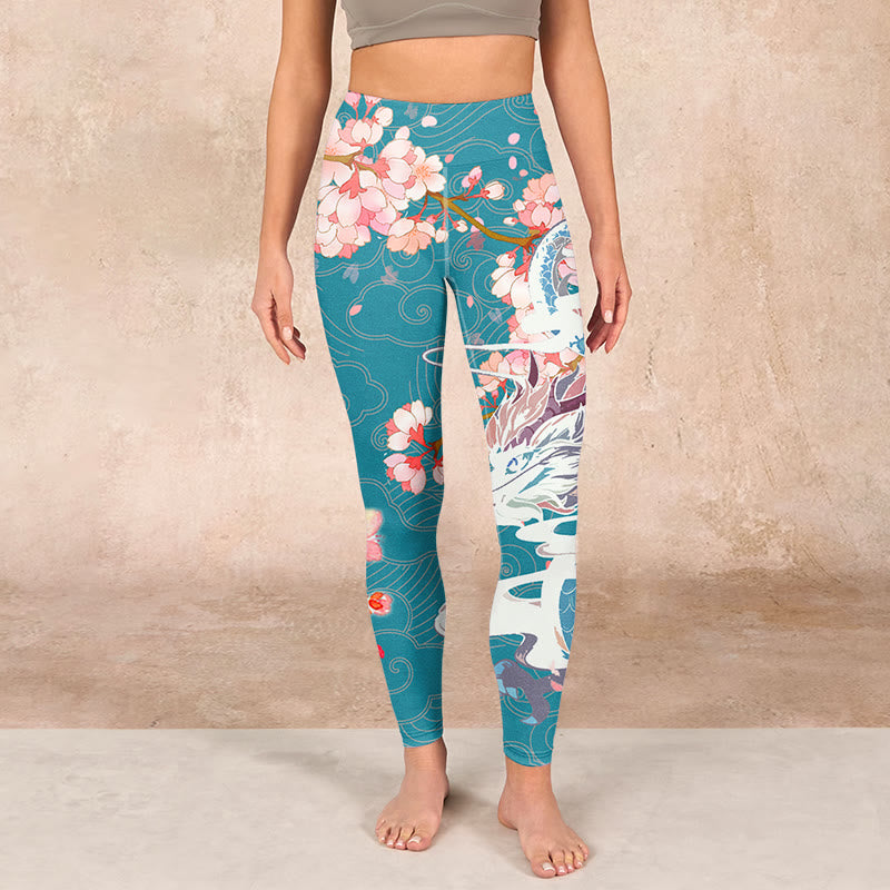 Buddha Stones Dragon Cherry Blossoms Print Gym Leggings Women's Yoga Pants - image 1