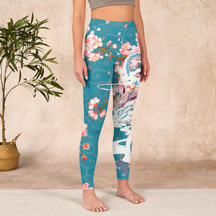 Buddha Stones Dragon Cherry Blossoms Print Gym Leggings Women's Yoga Pants - image 3